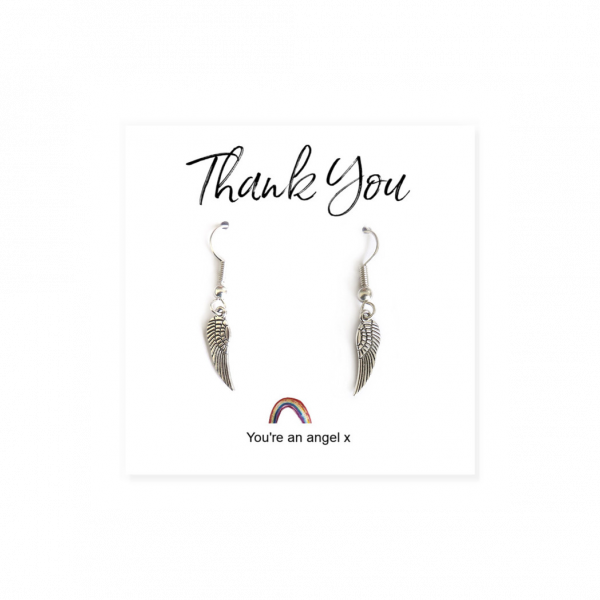Angel Wing Earrings on Rainbow Thank You Card