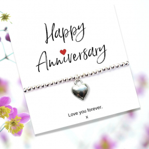 Silver Heart Beaded Bracelet & Anniversary Message Card