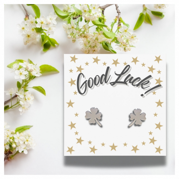 Good Luck Card & Four Leaf Clover Stud Earrings