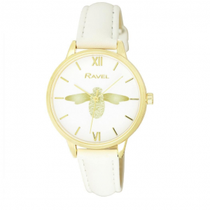 Ravel Women's Moth Design Dial White Leather Strap Watch RF007.4