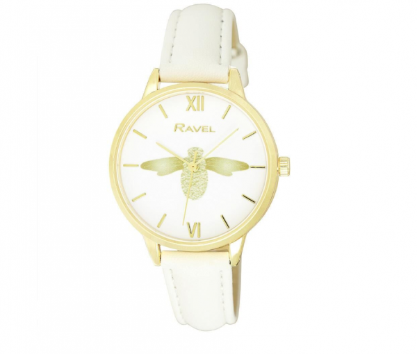 Ravel Women's Moth Design Dial White Leather Strap Watch RF007.4