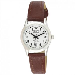 Ravel Womens Stainless Steel Day/Date Brown Faux Leather Strap Watch R0706.41.2