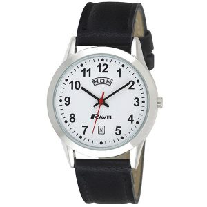 Ravel Mens Stainless Steel Day/Date Faux Leather Strap Watch R0706.20.1