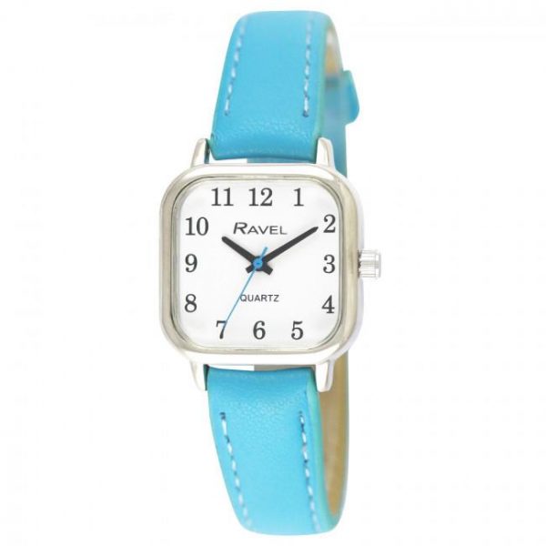 Ravel Ladies Cushion Shaped Brights Leather Strap Watch Bright Blue
