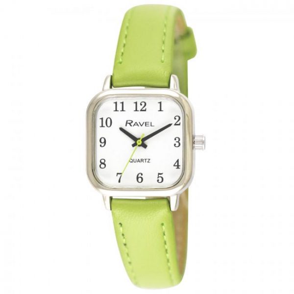 Ravel Ladies Cushion Shaped Brights Leather Strap Watch Bright Green