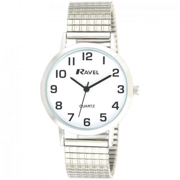 Ravel Mens Basic Classic Easy Read Silver / White Expander Bracelet Watch R0201.01.1
