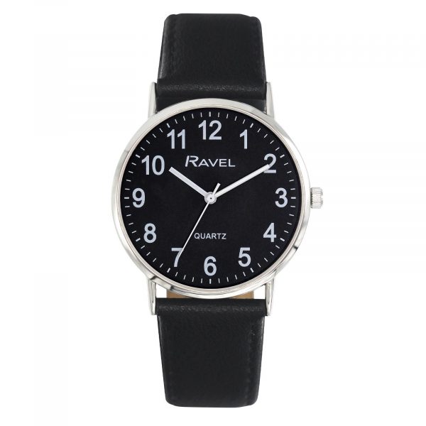 Ravel Mens Classic Big Black Dial Black Leather Strap Watch R0129.23.1