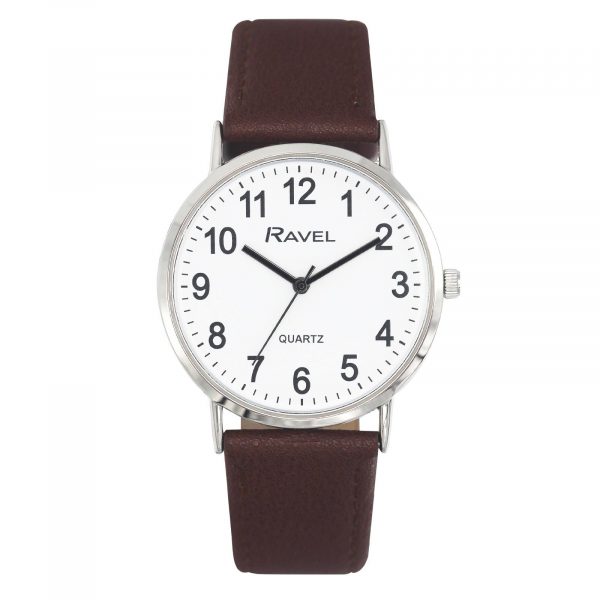 Ravel Mens Classic Big White Dial Brown Leather Strap Watch R0129.21.1
