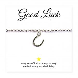 Horseshoe Charm Silver Beaded Bracelet with Good Luck Message Card