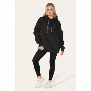 Oversized Ruched Sleeves Hoodie With Satin Ribbon with High Waist High Rise Seamless Ribbed Legging Set