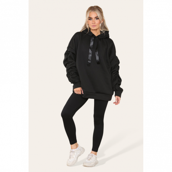 Oversized Ruched Sleeves Hoodie With Satin Ribbon with High Waist High Rise Seamless Ribbed Legging Set