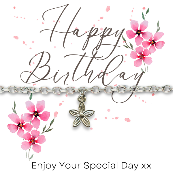 Happy Birthday Pink Flowers Gift Card & Dahlia Flower Chain Bracelet