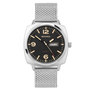 Sekonda Mens Airborne Day Date Black Dial With Stainless Steel Silver Mesh Bracelet Watch 30101
