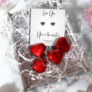 Silver Heart Stud Earrings & Love You You're the Best x Mini Gift Hamper