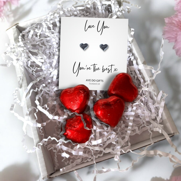 Silver Heart Stud Earrings & Love You You're the Best x Mini Gift Hamper