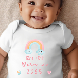 Personalised Born in 2025 Rainbow Baby Vest, babygrow, Romper Sleepsuit, Bib